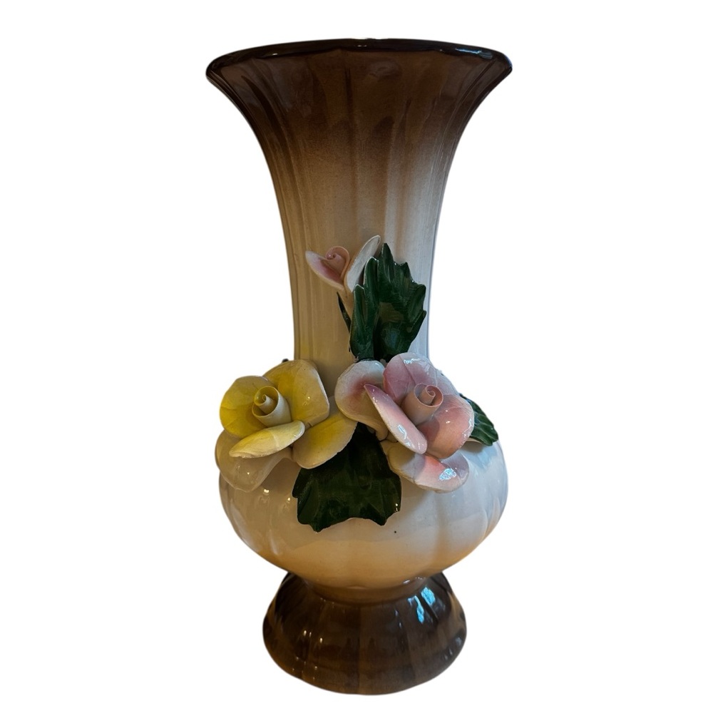 Vintage Capodimonte 11” Brown Floral Porcelain Vase